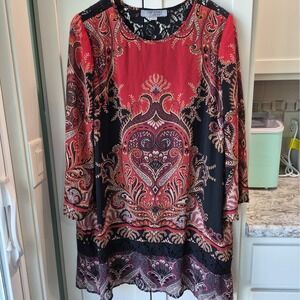 Ruff Hewn Grey Red Black Paisley Lace Shift Dress 3/4 Bell Sleeve Womens Large